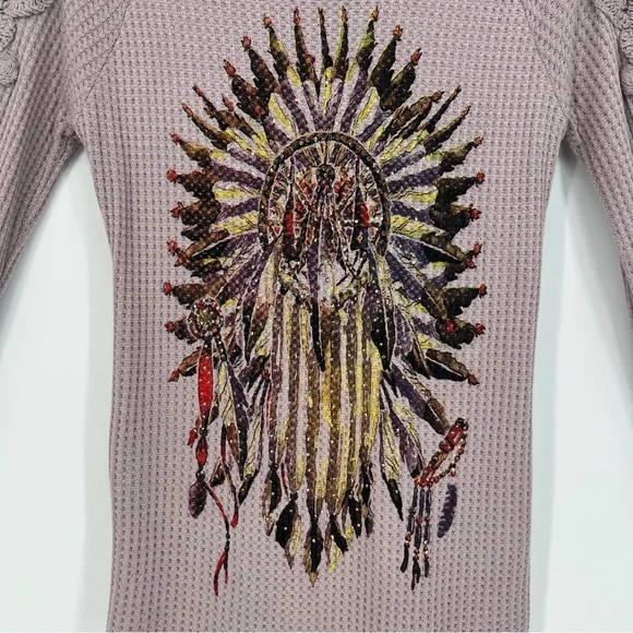 Vocal Womans Top Long Sleeve Dream Catcher Print Rhinestones Cold Shoulder NEW - Picture 6 of 13